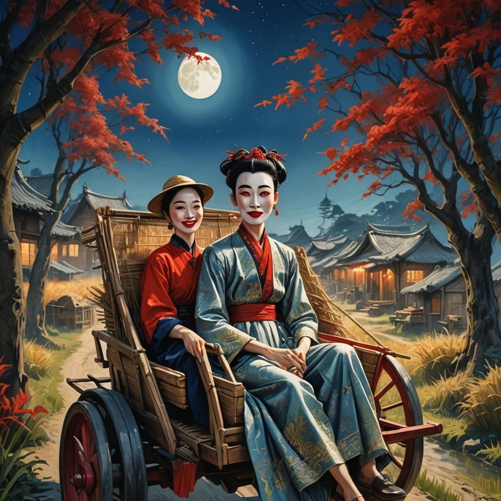 Couple in Paddy Cart Under Blue Moon, Digital Art