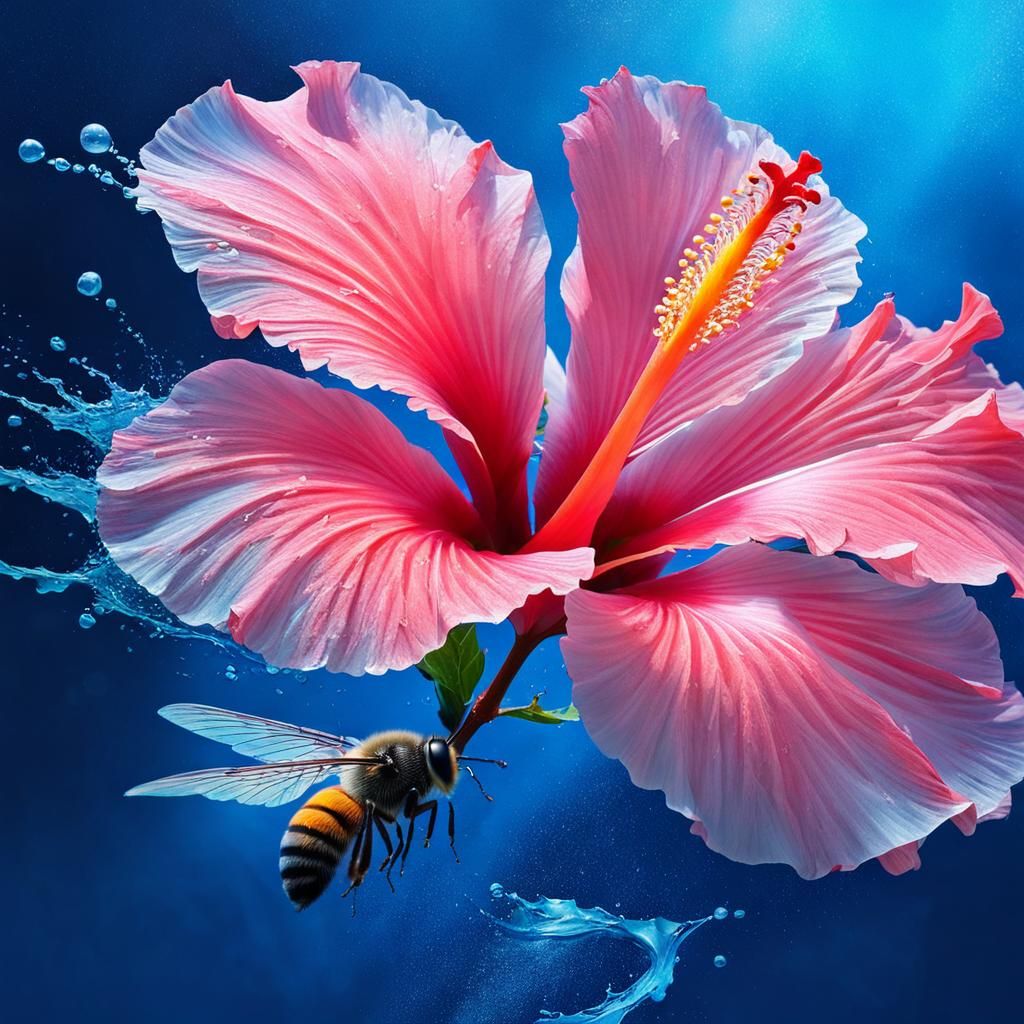 Hibiscus Flower with Bee in Splash-Art Style