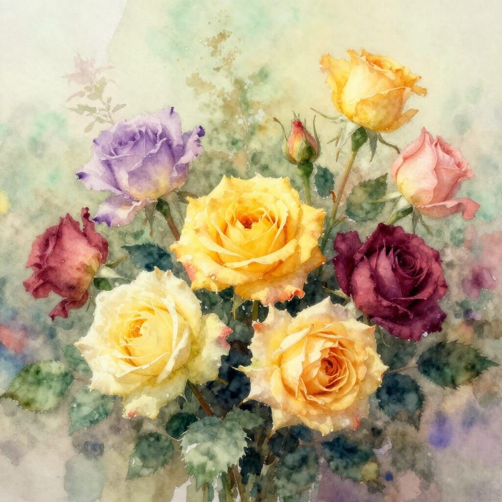 Watercolor Rose Bouquet in Vibrant Hues