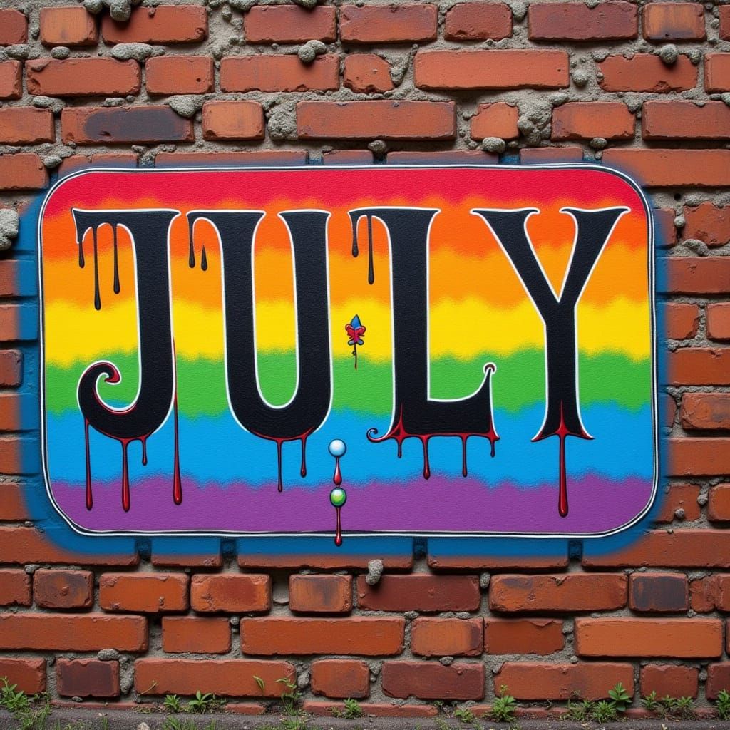 Rainbow Pride Graffiti Art: "JULY" on Brick Wall