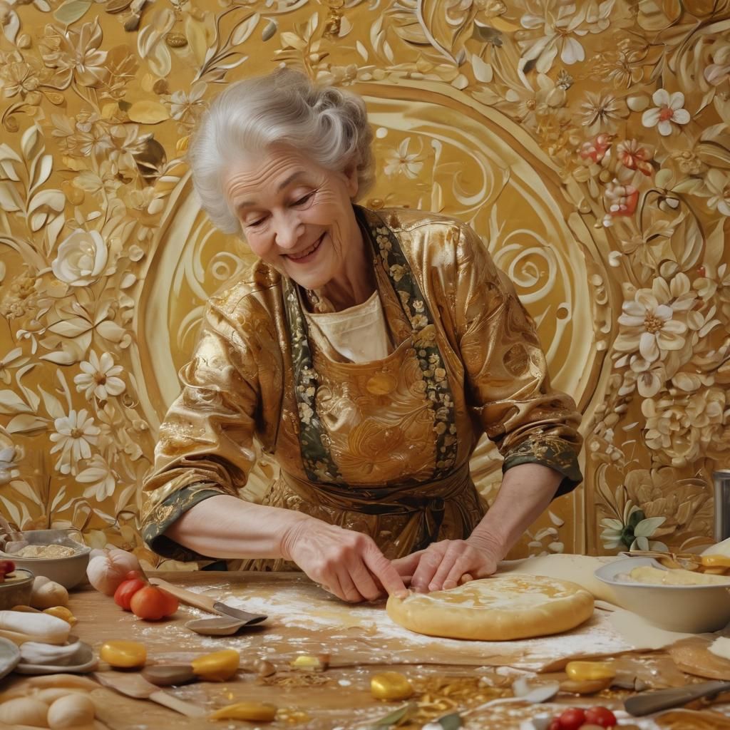 Granny Baking Chicken Pot Pie in Klimt Style