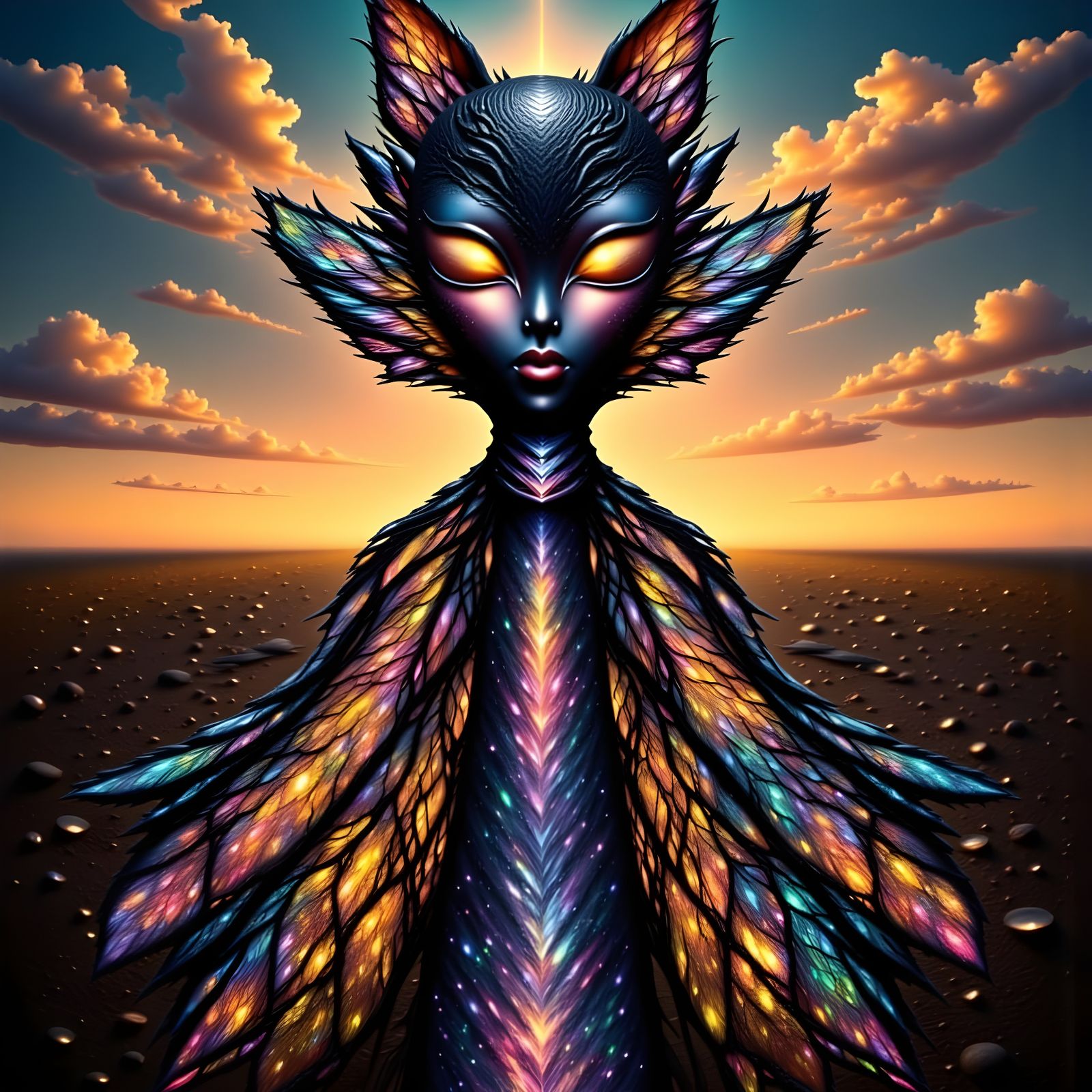 Celestial Being in Black Opal Dress Amidst Golden Twilight