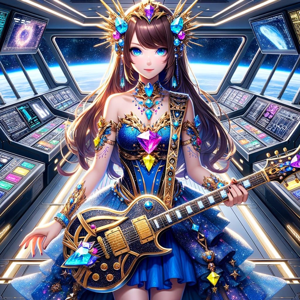 Anime Woman in Celestial Armor on Starship Bridge