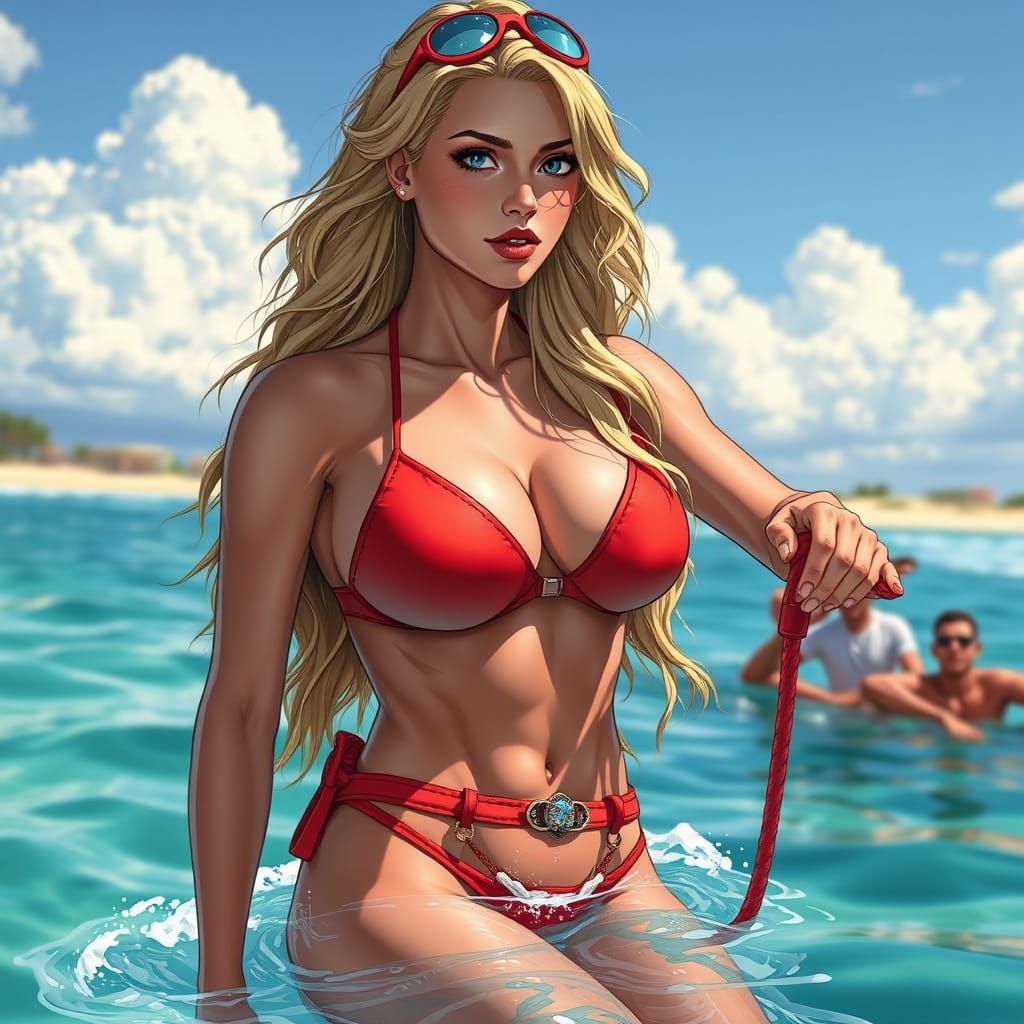 Lifeguard Rescue on Vivid Beach: Hyperrealistic Comic Art