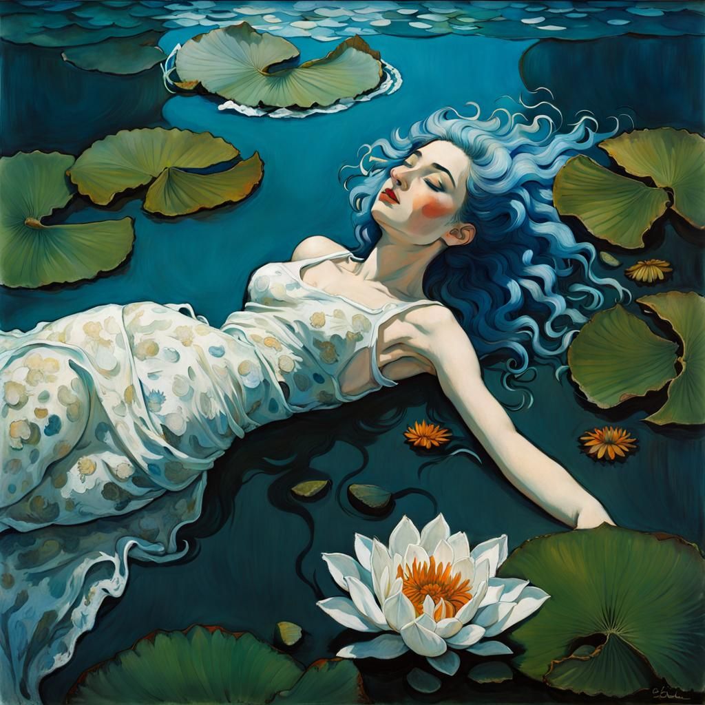 Underwater Sleeping Woman with Lily in Expressionist Style