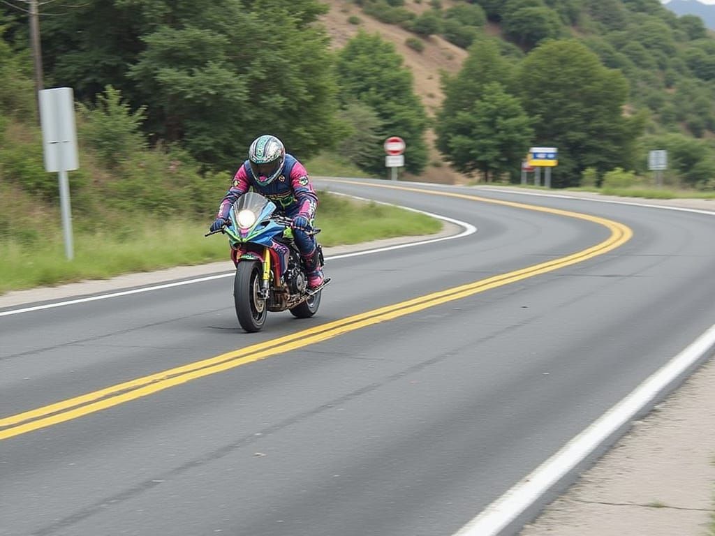 Psychedelic Motorcyclist on a Vibrant Rural Roadway