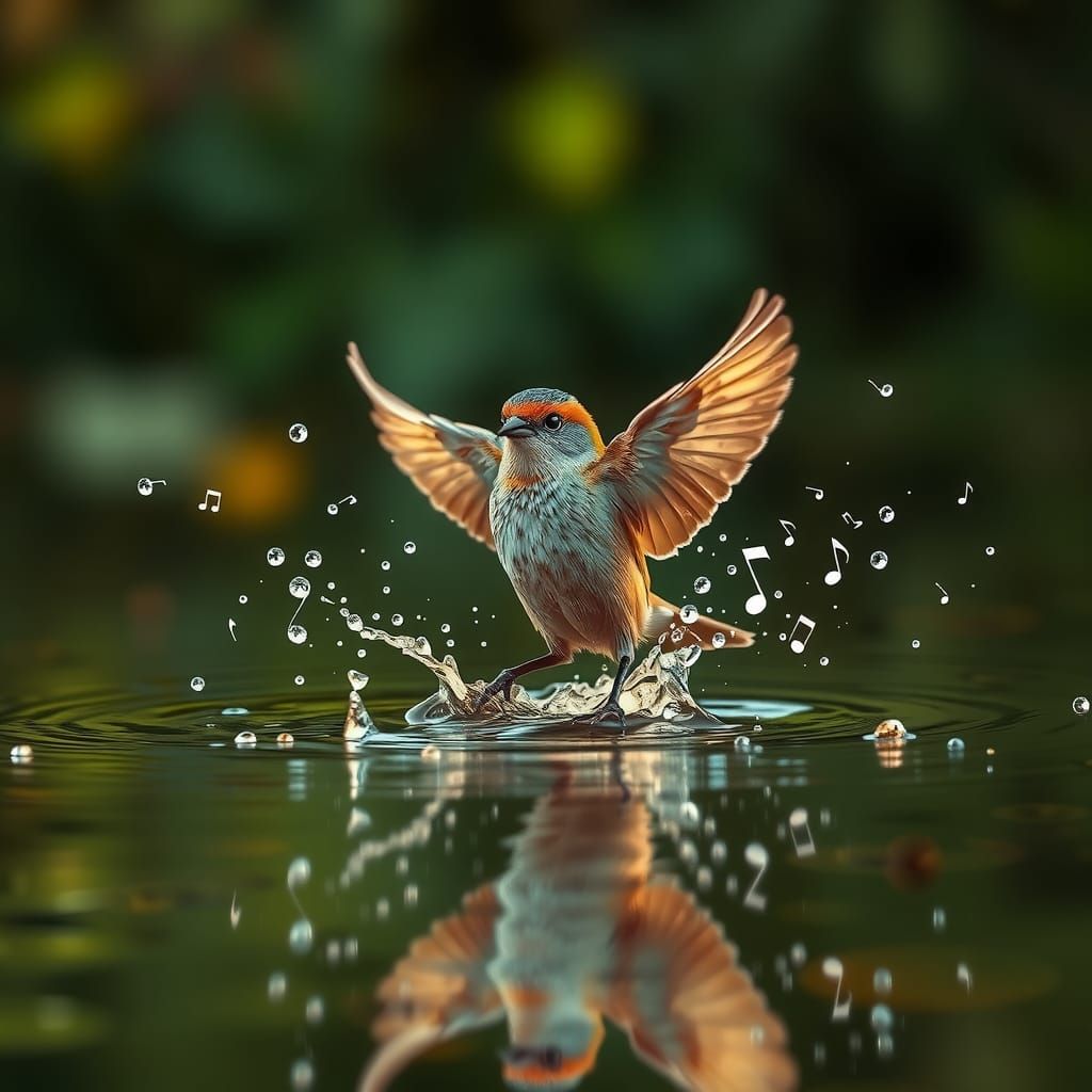 Dancing Bird in Water with Music Notes