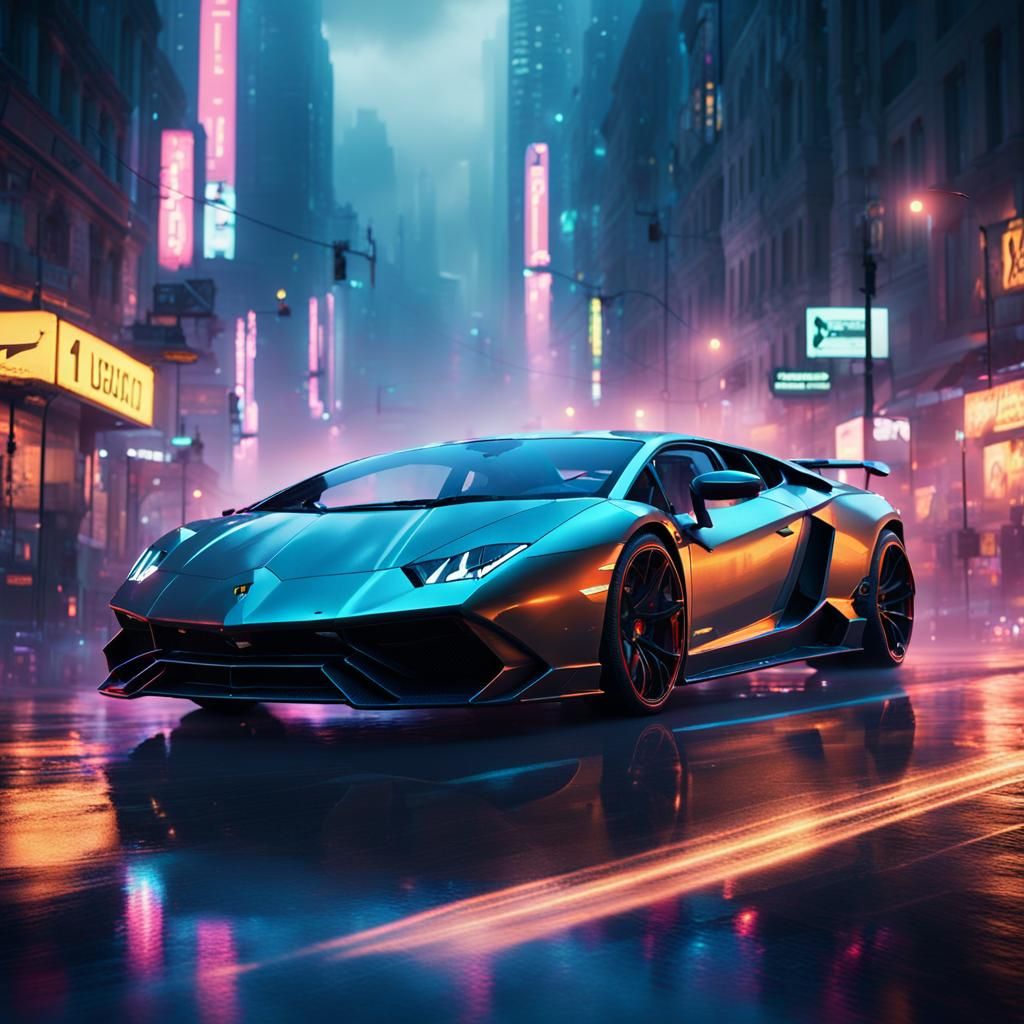Luxurious Sports Car Sprints Through Neon Cityscape at Dusk