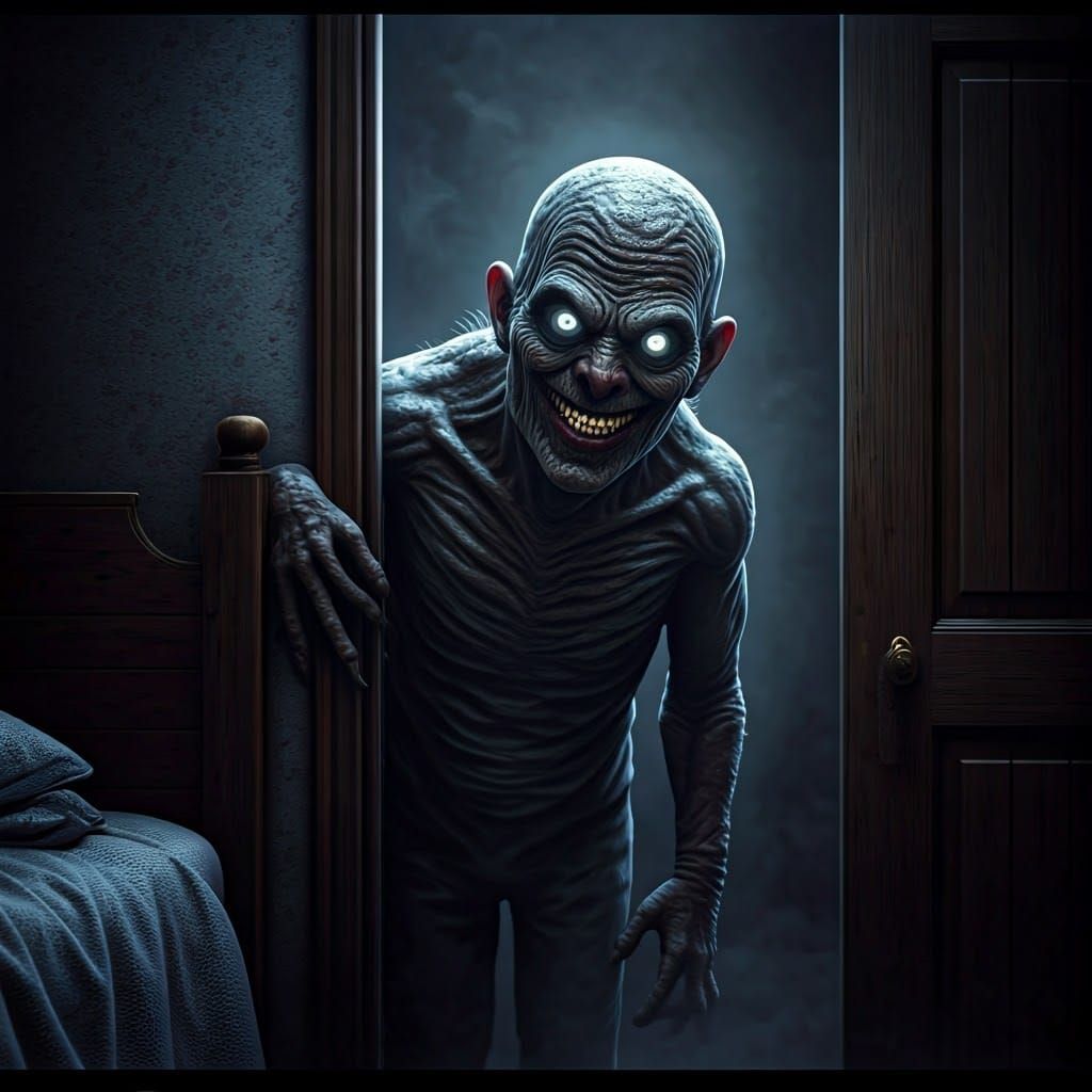 Eerie Creature Peeks from Dark Doorway in Horror Film Style