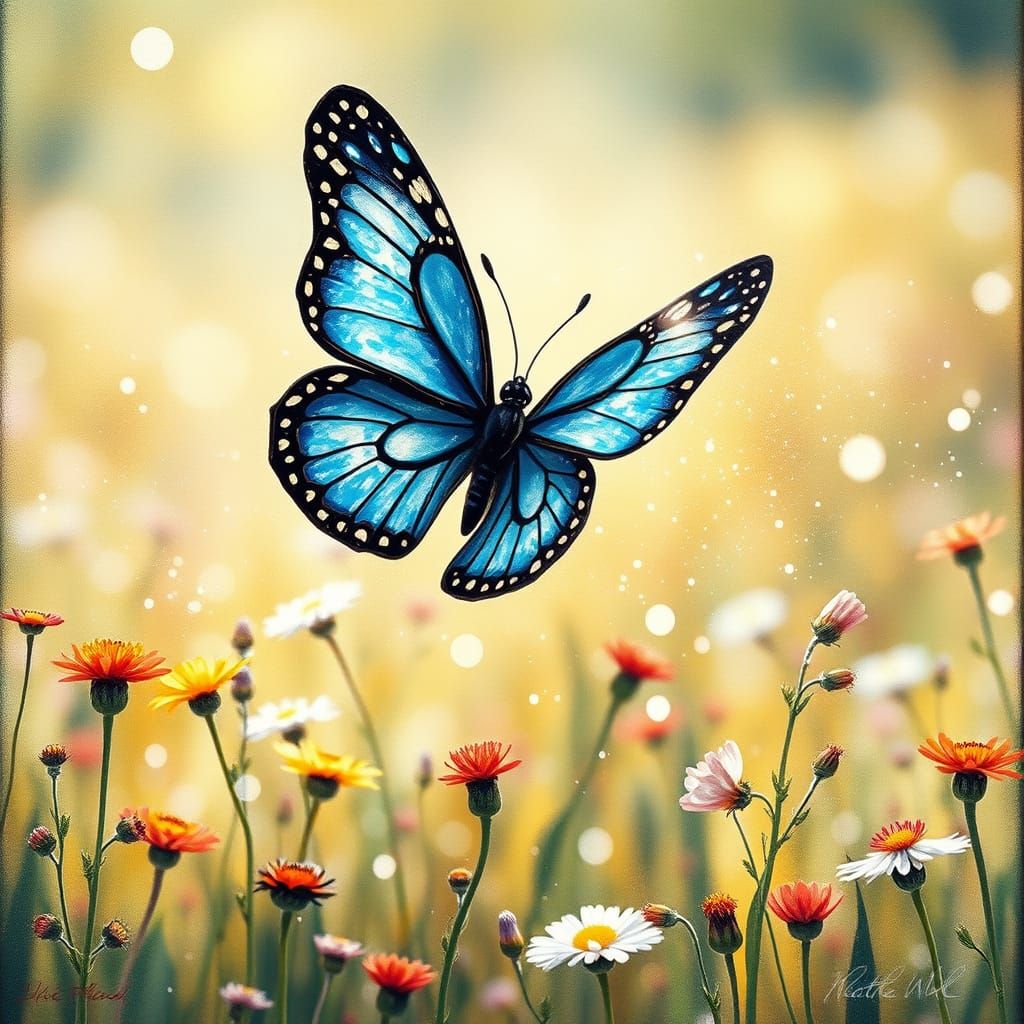 Blue Butterfly with Stained Glass Wings in Watercolor