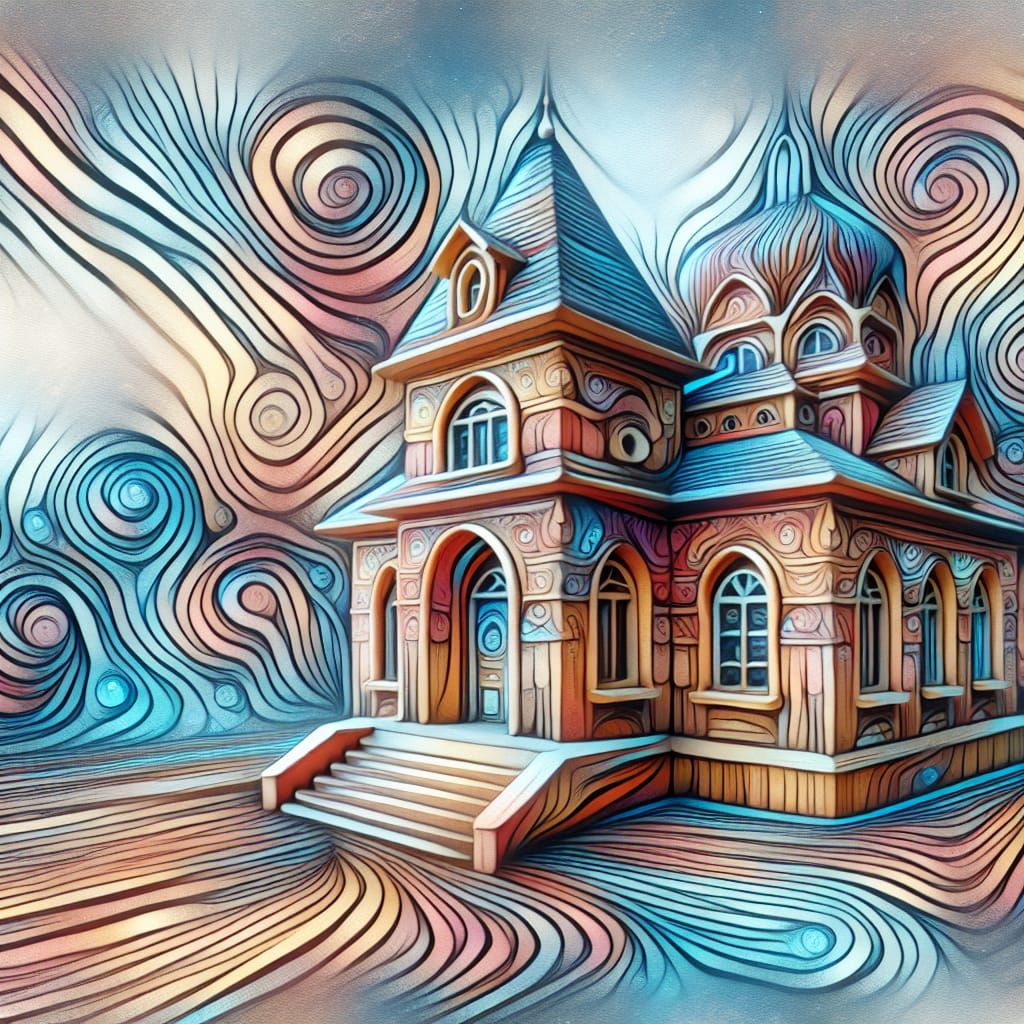 Surreal Watercolor Dollhouse with Swirling Sugar Lines