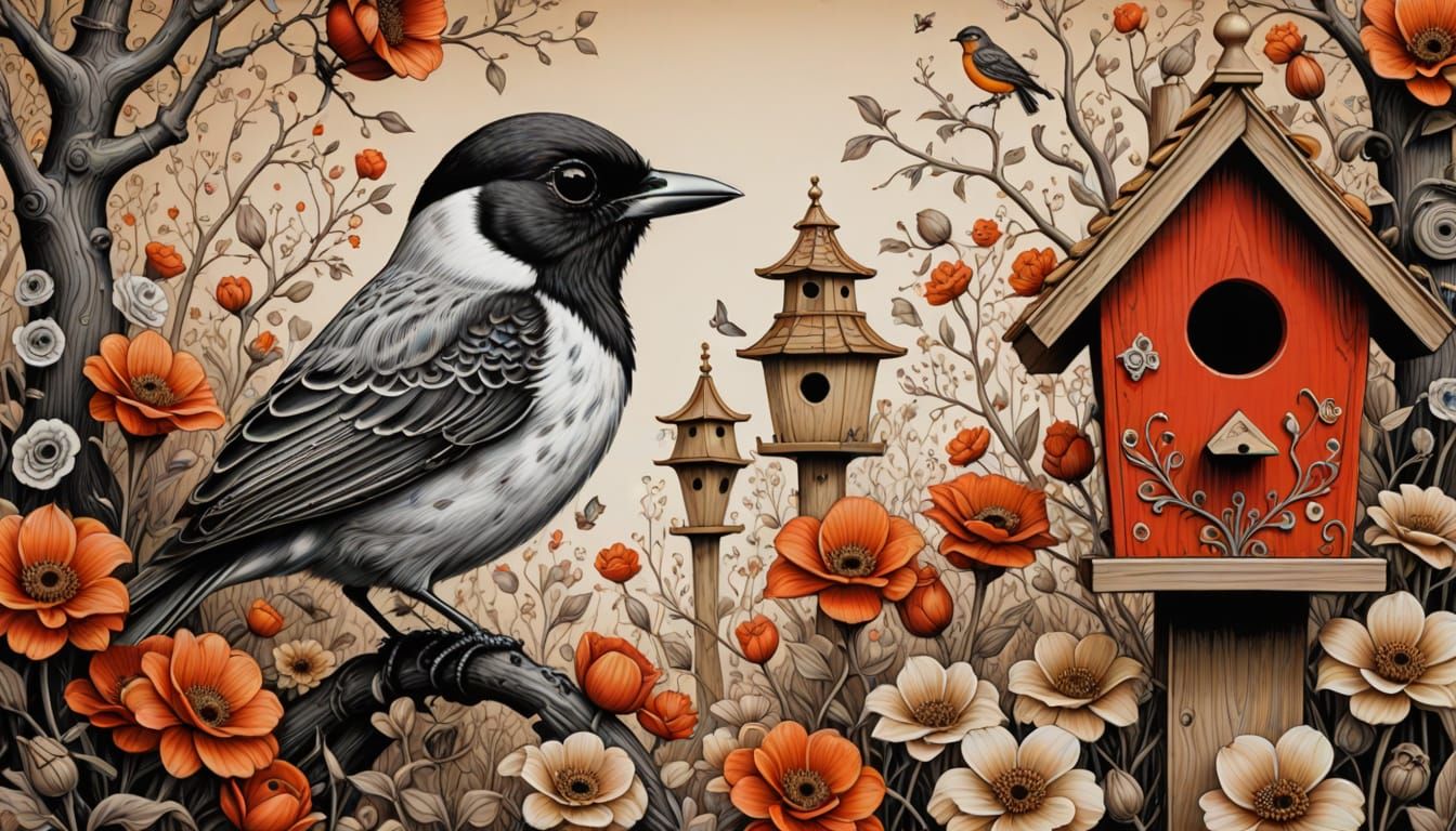 Monochrome Bird Portrait with Sepia Birdhouses