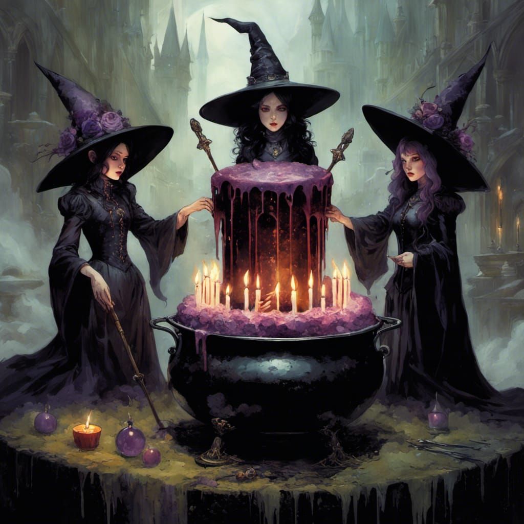 Gothic Witches Summoning Birthday Cake in Castle