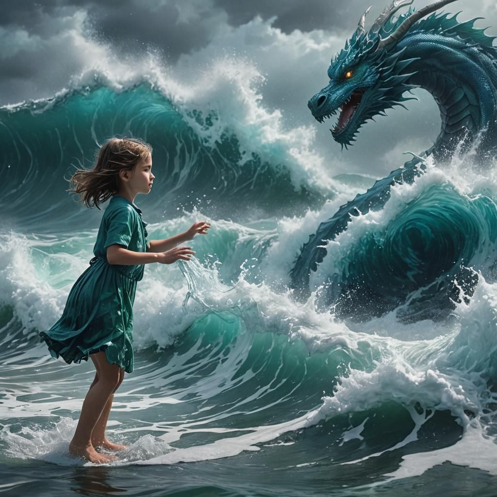 Water Magic: Girl Creates Dragon from Stormy Waves