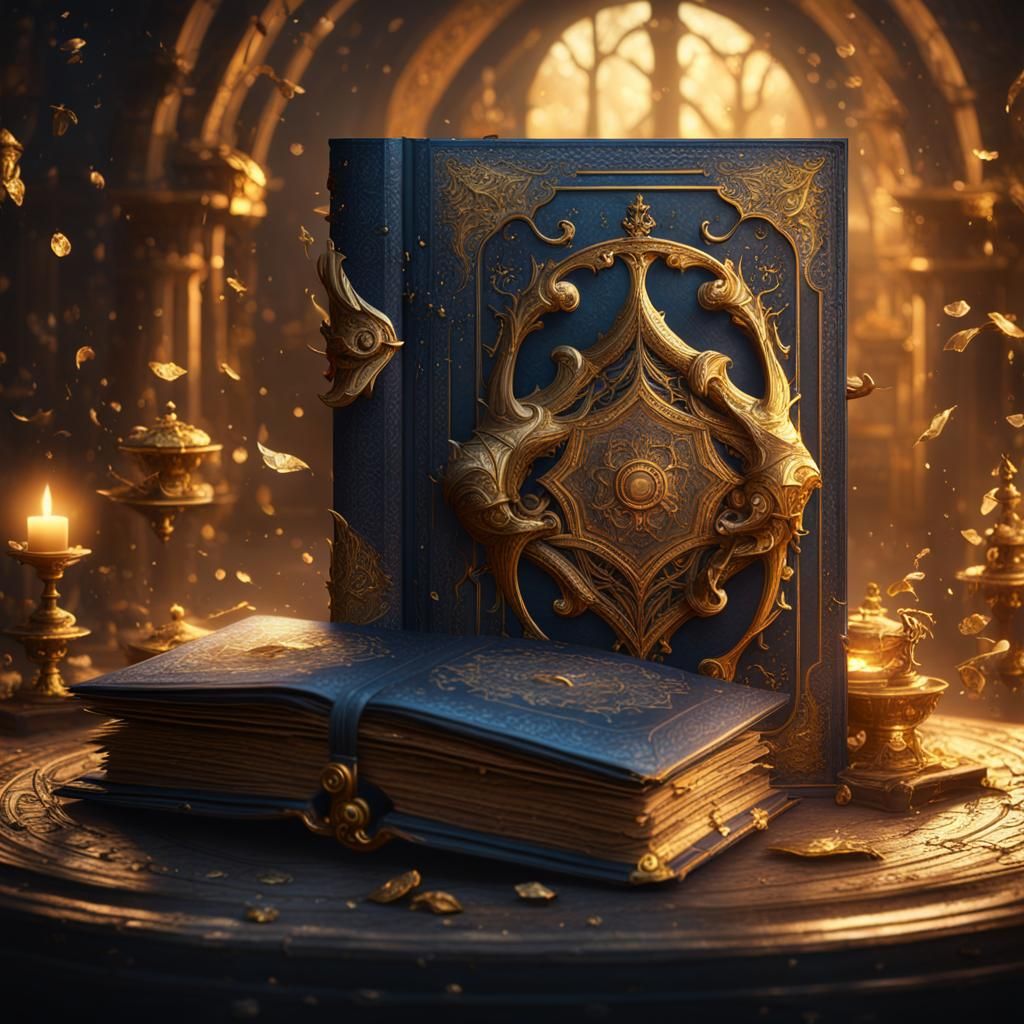 Magic Book with Gold Bindings in Matte Painting Style