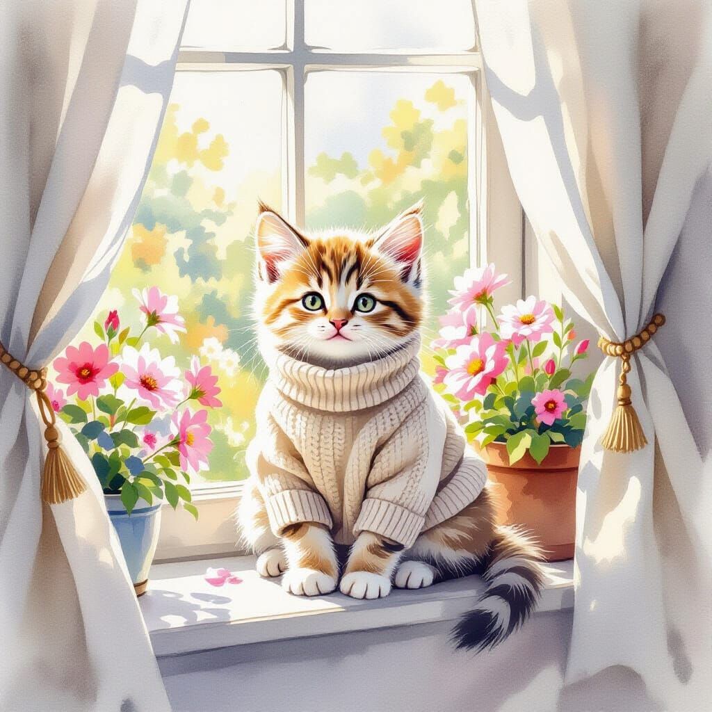 Kitten in Sweater on Windowsill, Impressionistic Watercolor
