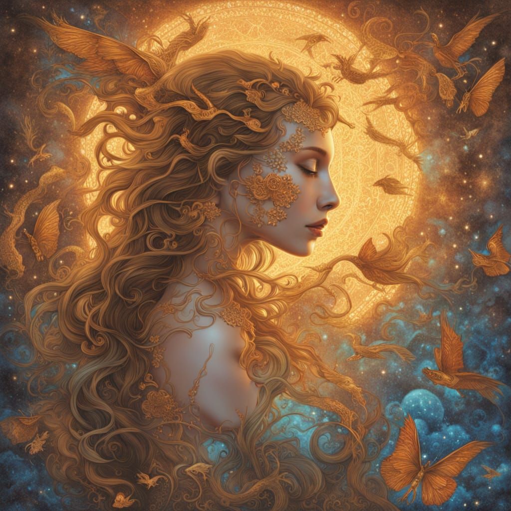 Ethereal Woman with Inner Oasis in Surreal Copper Sky