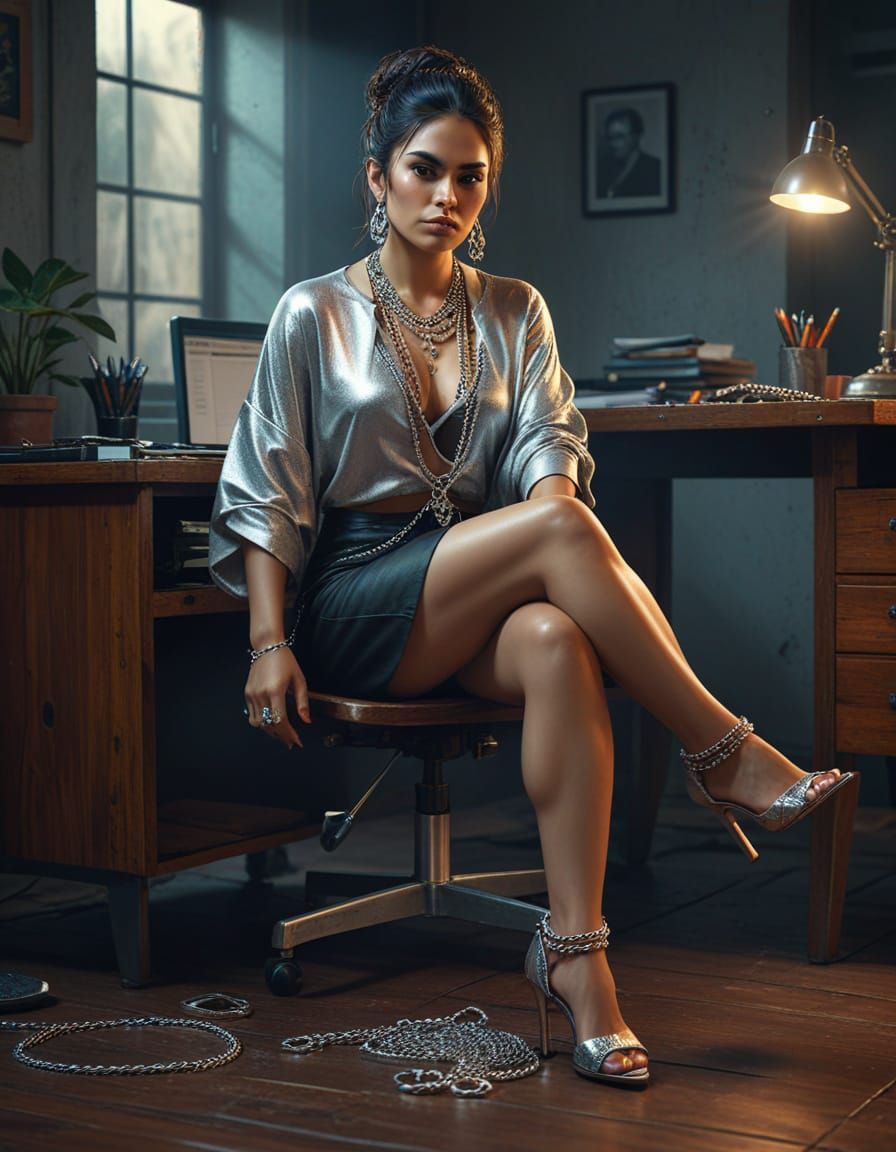 Mexican Woman at Desk in Hyper-Realistic Digital Art