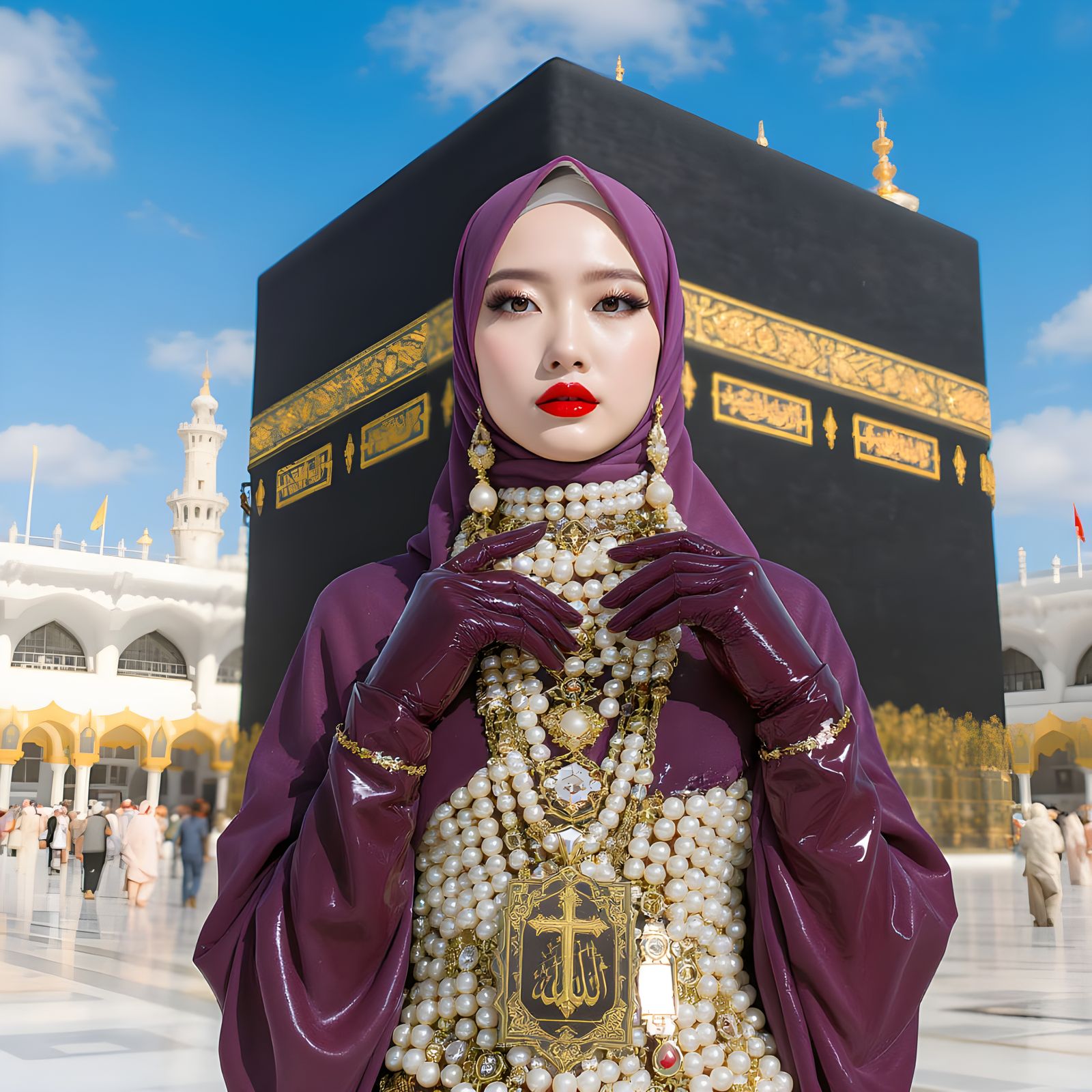Woman at Ka'bah with Pearl Body Chain in Surreal Style
