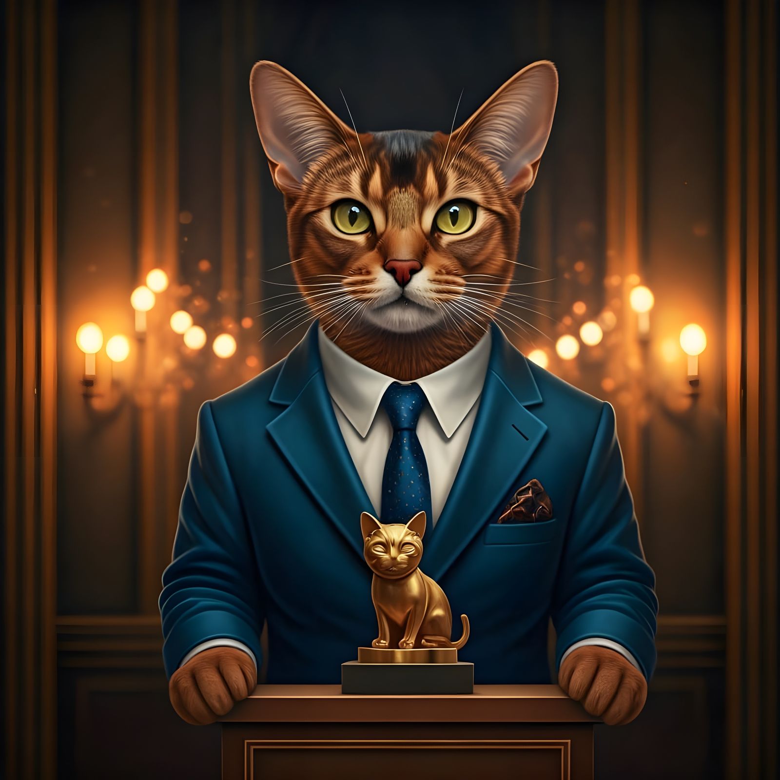 Dapper Abyssinian Cat Accepts Shining Gold Award in Velvet S...