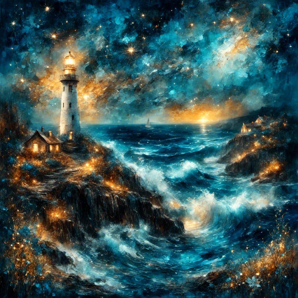 Starry Lighthouse Cove: Watercolor Painting