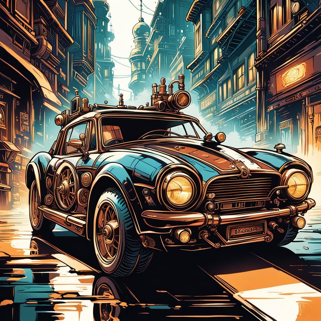 Steampunk Sports Car in Comic Book Art Style