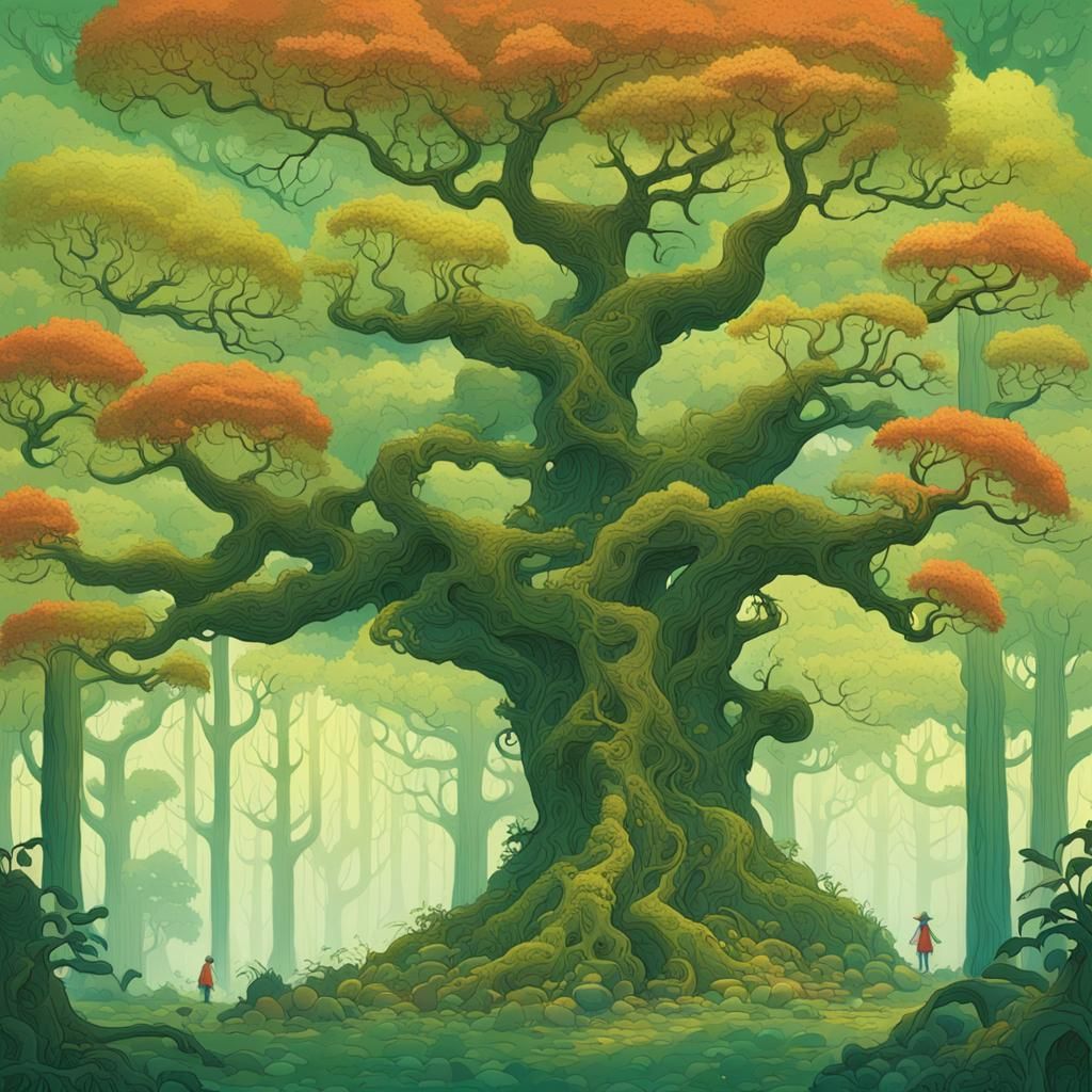 Lush Forest with Gnarled Trees in Whimsical Style