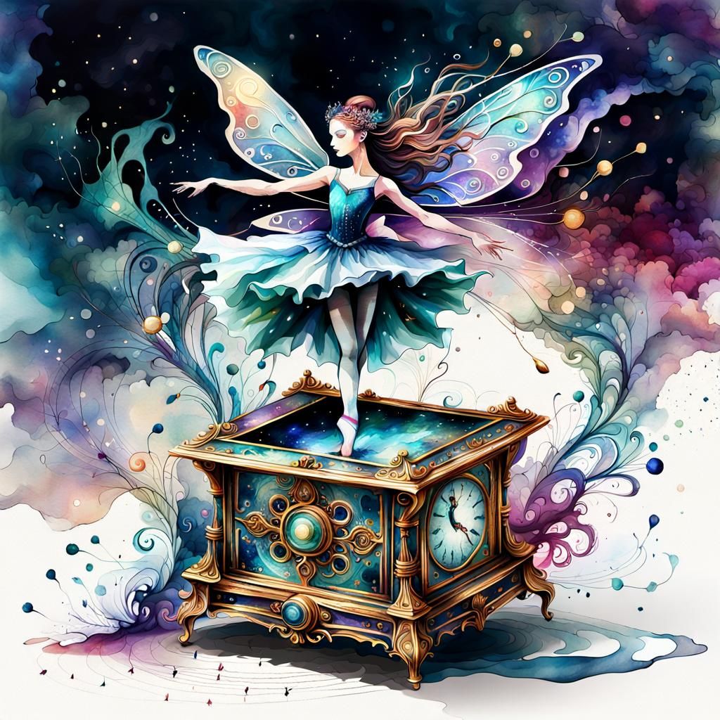 Music Box Fairy Ballet in Watercolor and Ink