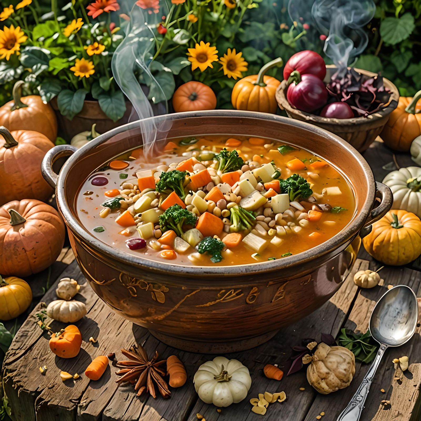 Autumnal Garden Meal: Steaming Vegetable Soup