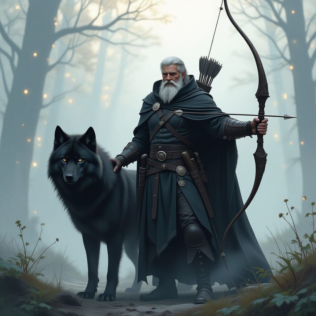 Fantasy Ranger and Black Wolf in Ethereal Mist