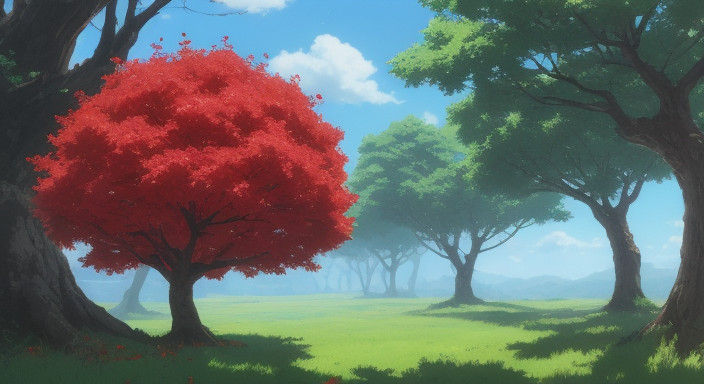 Endearing Red Apple Tree Under Warm Studio Ghibli Lighting