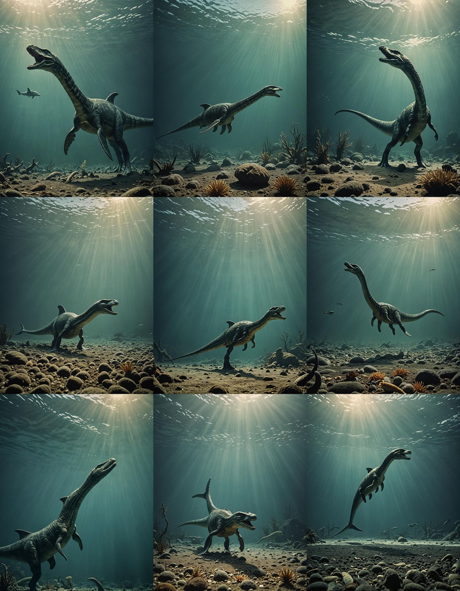 Cinematic Plesiosaur Hunt: Underwater Film Still