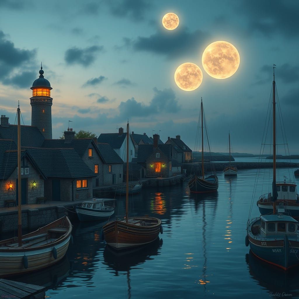 Whimsical Breton Fishing Port at Dusk