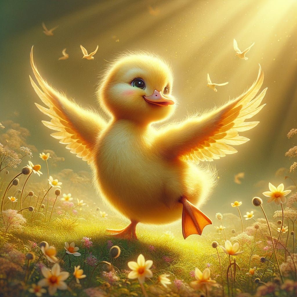 Joyful Yellow Duckling Dancing in Wildflower Meadow