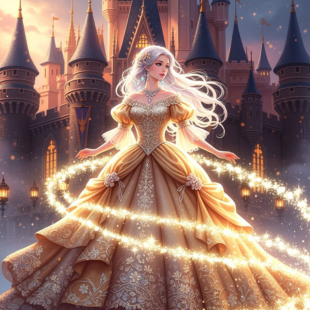 Fairytale Princess in Golden Gown with Castle