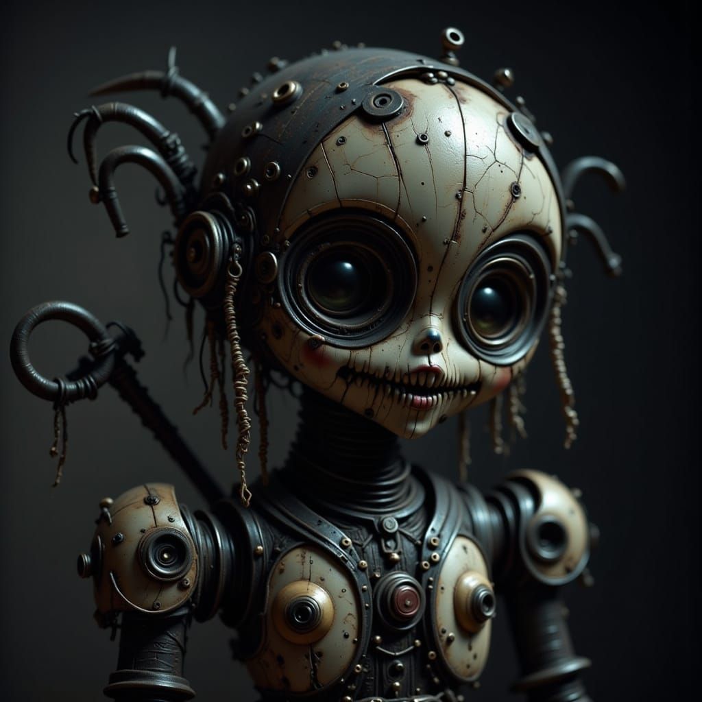 A creepy Haunted wind-up toy soldier with a key sticking out of its back. Shadows and the silhouettes. German Expression...