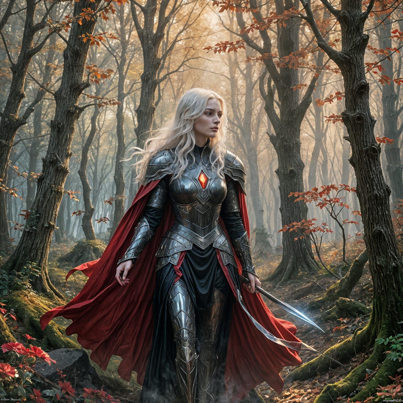 Pale Witch in Black Armor in Misty Woods