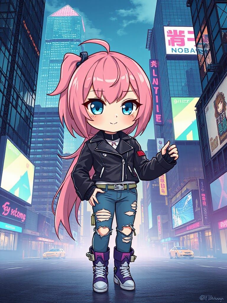 Chibi Cyberpunk Goddess in Neon Cityscape