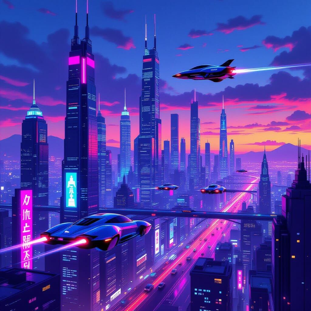 Neon Cityscape at Dusk in Cyberpunk Style