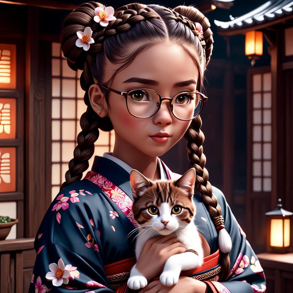 Girl in Kimono Holding Kitten, Detailed Matte Painting