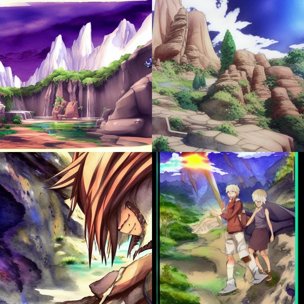 Anime Adventure Angel at Cave Mouth in Watercolors