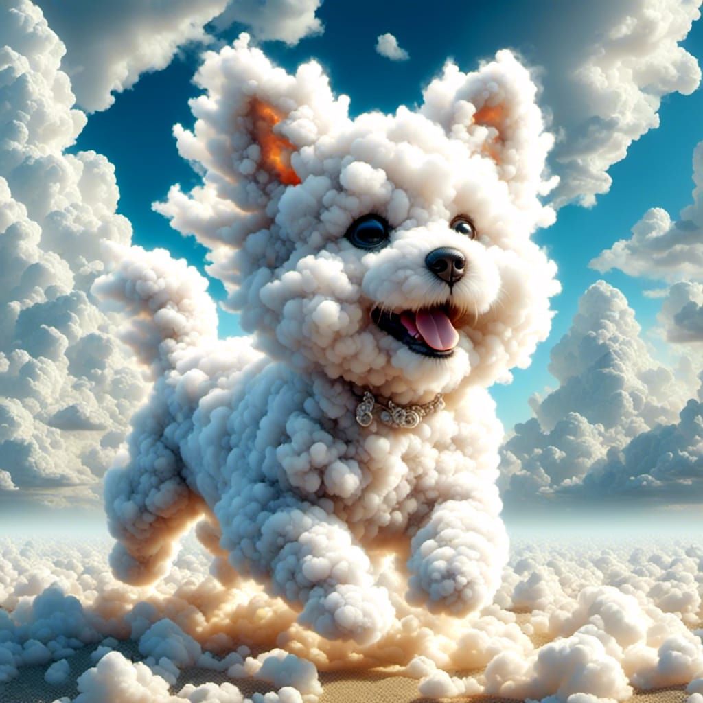 Cloud Puppy Running on Beach: Photorealistic Dream