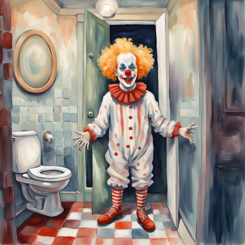Creepy albino man in a clown costume in the bathroom