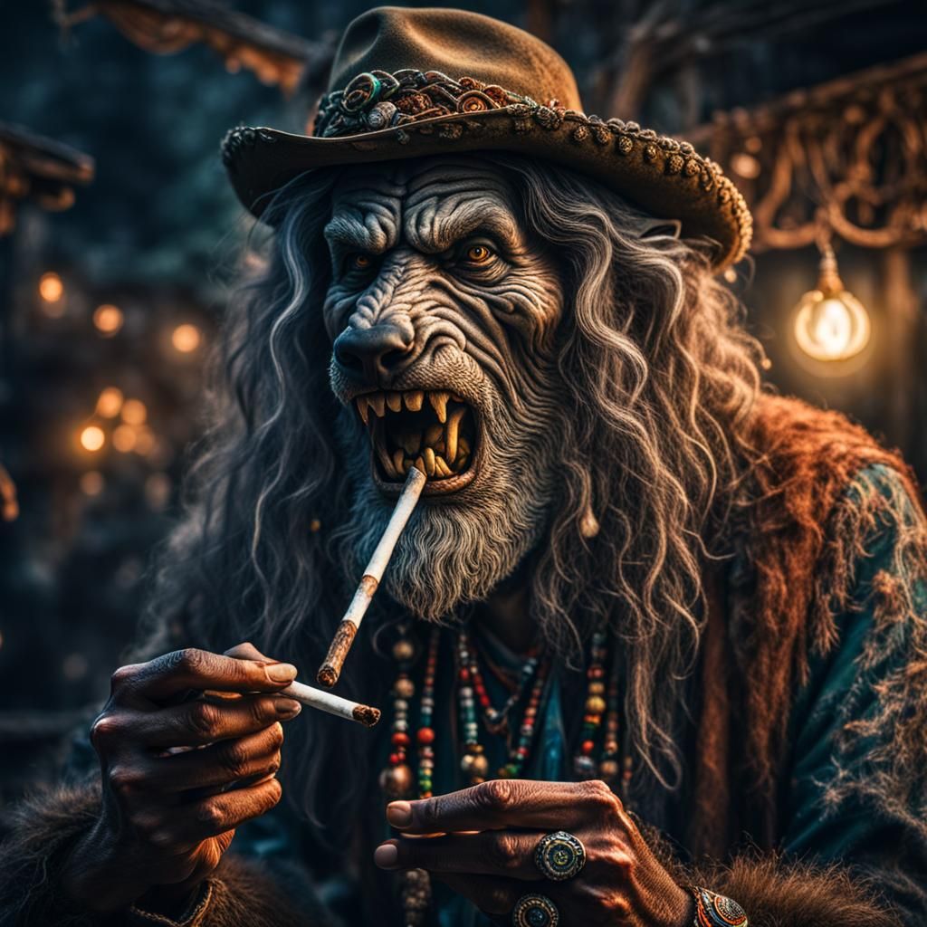 Hyperrealistic Hippie Werewolf Smoking a Joint in HDR