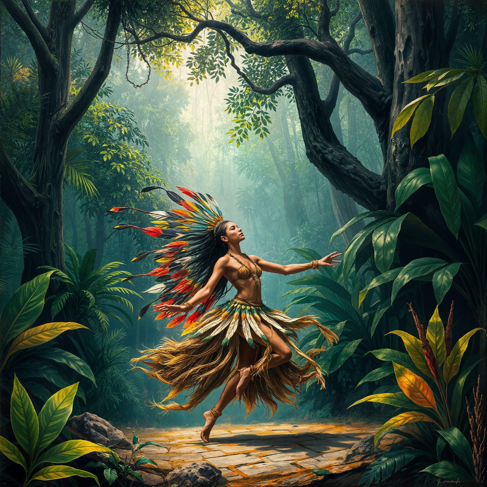 Tribal Dancer in Jungle: Harmony of Motion and Nature