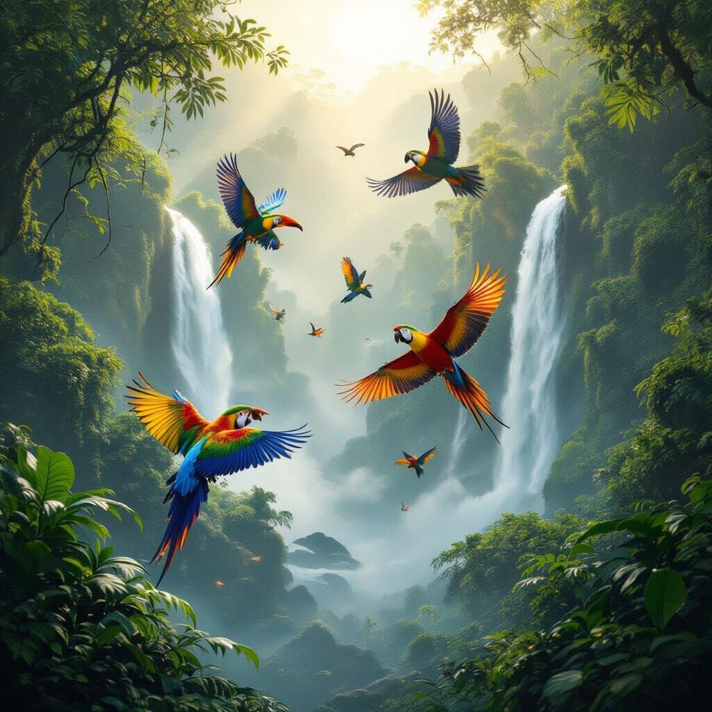 Vibrant Tropical Birds in Misty Rainforest with Waterfall