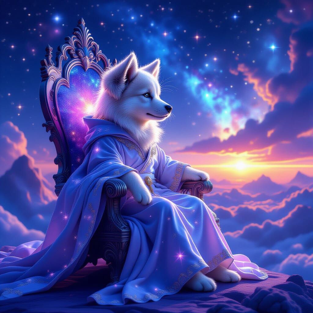 Puppy Queen on Nebula Throne in Ethereal Style