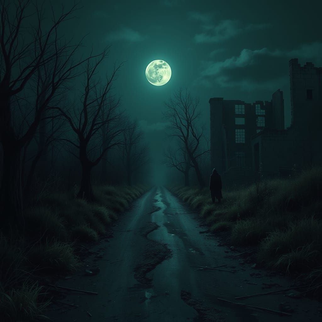 Ethereal Moonlit Road with Dark Figure