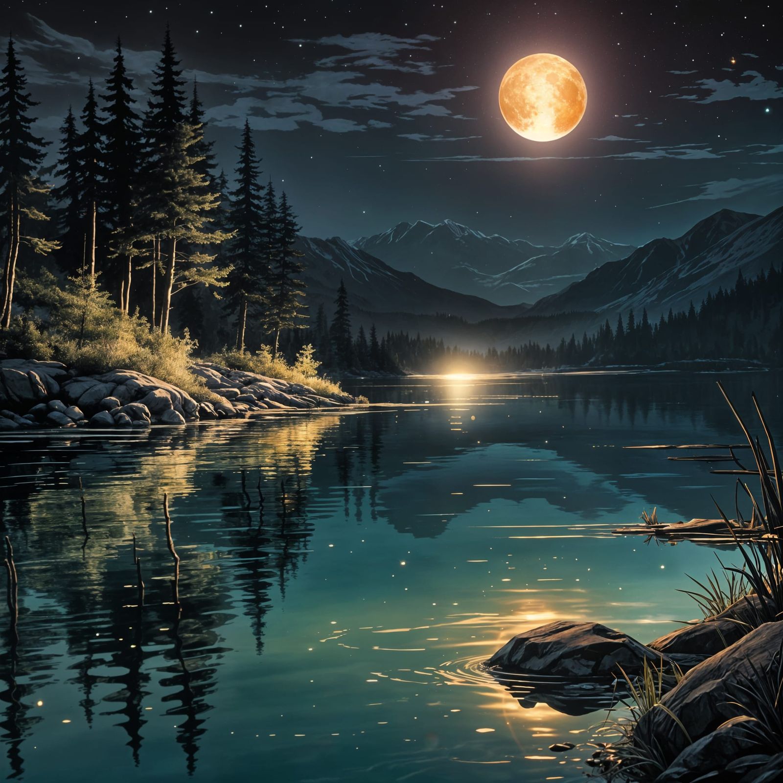 Glowing Orb Over Lake: Mystical Contemporary Art