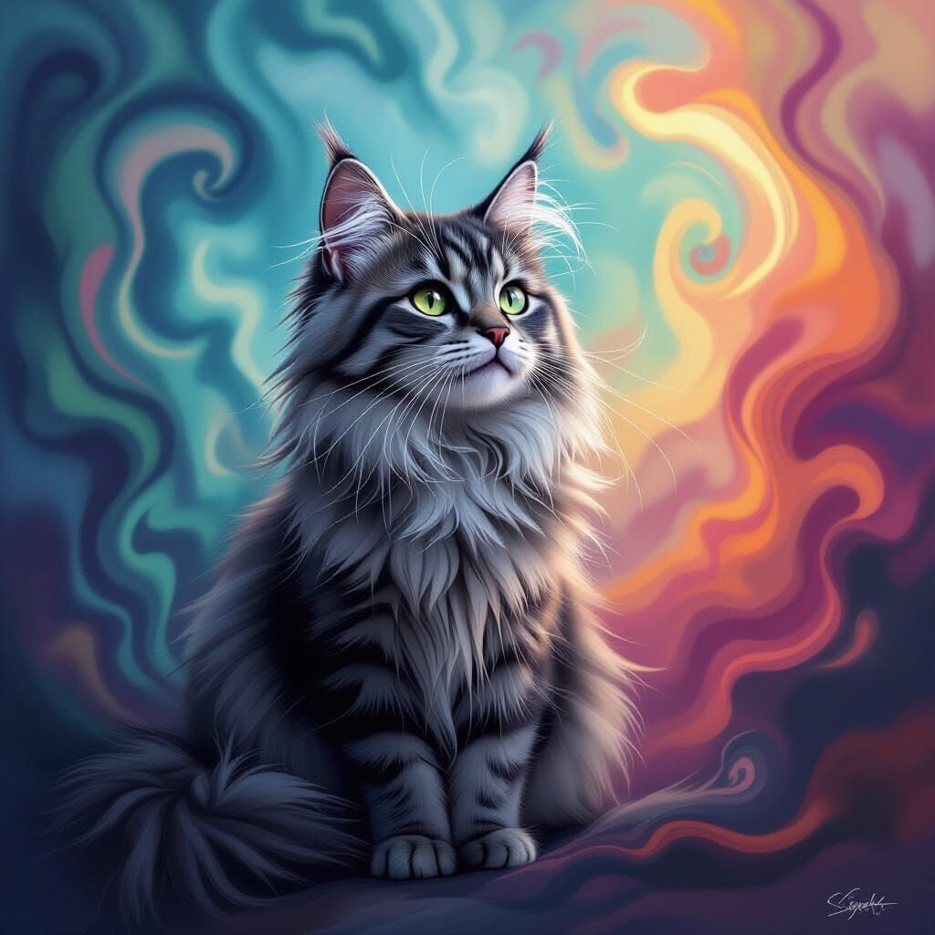 Whimsical Grey Cat with Abstract Background in Fantasy Style